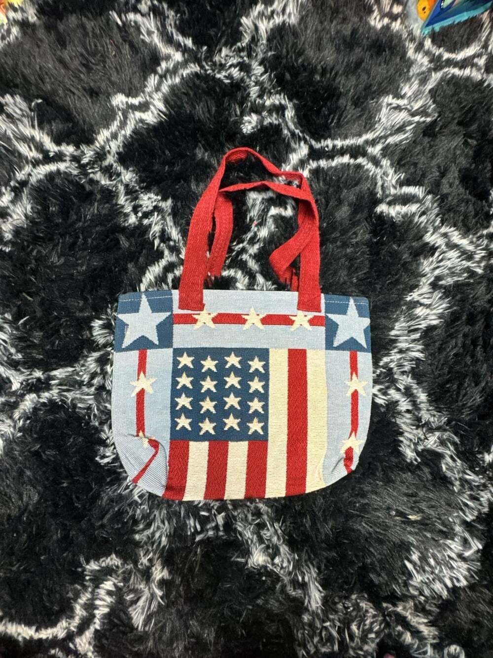 Americana Tapestry American Flag Tote Bag with Red Handles
